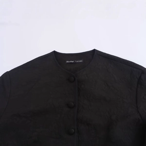 Women's black floral jacquard jacket with long sleeves and fabric-covered buttons