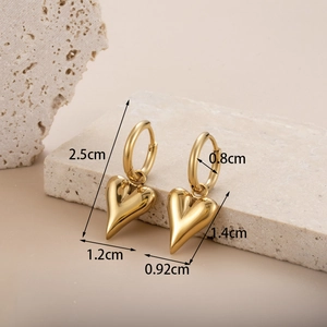 Gold stainless steel heart drop earrings on stone base with size dimensions