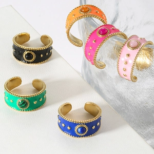Wide Band Ring Stainless Steel Enamel Drip Oil Inlaid Stone Adjustable Open Bohemian Retro Style Women Fashion Jewelry