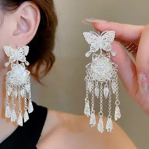 Butterfly Flower Long Tassel Drop Earrings With Silver Earring Post Hollow Filigree Elegant Vintage Style For Women