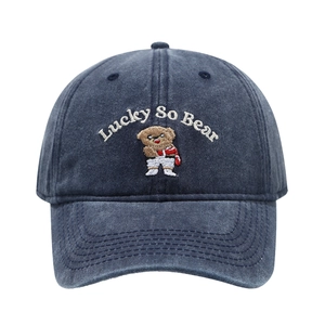 Retro washed navy baseball cap with lucky bear embroidery and curved brim for unisex style