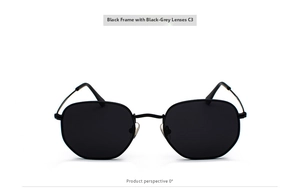 Vista frontal de gafas de sol negras poligonales con lentes gris oscuro y montura