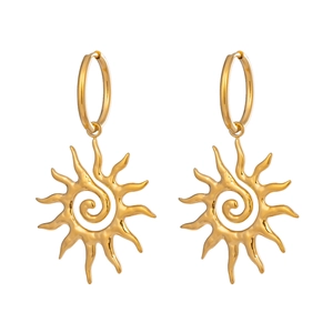 Close-up of gold spiral sun hoop earrings with hollow design on white background