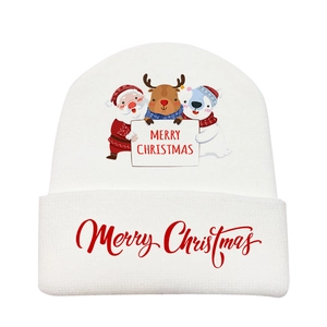 Detailed knit texture and Merry Christmas cartoon print on a white winter beanie hat