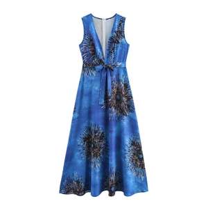 Vestito Maxi Donna Scollo A V Senza Maniche Poliestere Stampa Astratta Vita Alta Con Cintura Estate Spiaggia Vacanze Elegante