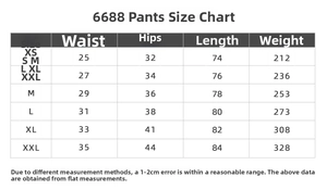 Detaillierte Größentabelle für Yoga-Leggings mit Angaben zu Taille, Hüfte und Beinlänge