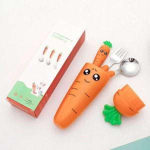 Carrot shaped stainless steel cutlery set for kids with orange storage case and fork