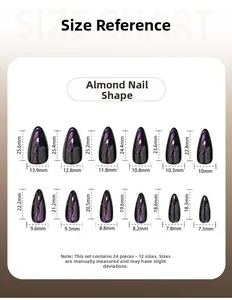 Tableau des tailles d'ongles amande cat eye avec 12 dimensions de 18,3 mm à 25,6 mm