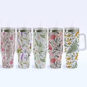 Classic 40oz floral 3D print stainless steel tumblers with straws and secure lids