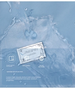 Detalle de tela de nailon impermeable que muestra resistencia al agua en bolso azul