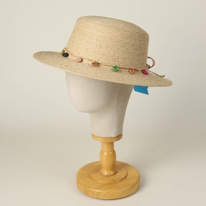 Boho raffia flat brim hat for women with colorful crochet flowers and a back ribbon bow
