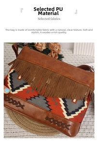 Detail of bohemian retro shoulder bag with long fringes and ethnic geometric fabric pattern