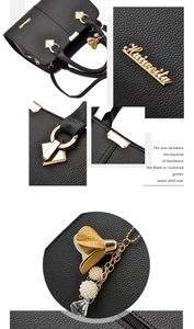 Détails d'un sac à main en cuir noir avec ferrures dorées et pendentif fleur en perles