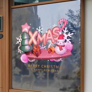 Christmas Window Clings PVC Static Stickers 3D Pink XMAS Letters Snowman Tree Double Sided Removable Holiday Party Decor