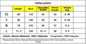 Size guide for diamond quilted cotton jacket showing bust, length, and sleeve measurements