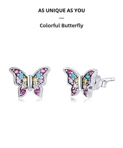 Macro shot of S925 sterling silver butterfly earrings with colorful zircon stones
