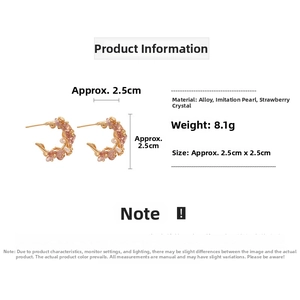 Detail of C-shaped earrings with pink strawberry quartz and faux pearls on white background