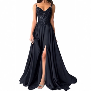 Detail of elegant black V-neck lace evening dress featuring high slit and floral embroidery