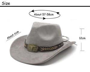 Detailed size specifications for light grey suede cowboy hat showing 8cm brim and 12cm height