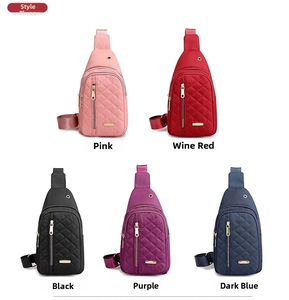 Detail showing five colors of quilted nylon chest bags with headphone ports and zippers