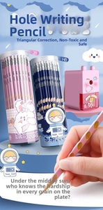 Detail of ergonomic hollow triangular pencils with pink rabbit pencil sharpener set