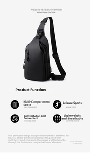 Close-up of waterproof black crossbody chest bag with functional compartments and zippers