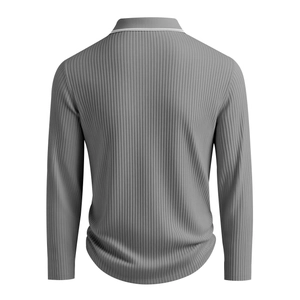 Macro shot of grey striped knitted fabric and polo collar detail on men's long sleeve shirt