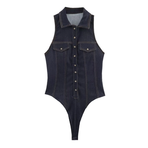 Sleeveless Denim Bodysuit Slim Fit Button Down Lapel Neck Cotton Denim Romper For Women Casual Chic Fashion