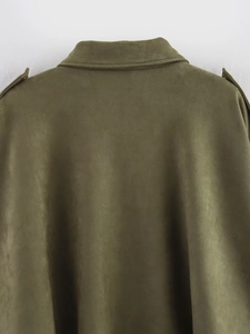 Detail view of army green faux suede bomber jacket showing collar and epaulet texture