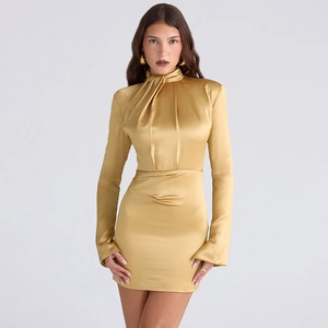 Elegant gold satin long sleeve dress with high neck and slim waist for women
