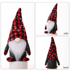 Front, side, and back views of a Christmas gnome doll with red plaid snowflake hat