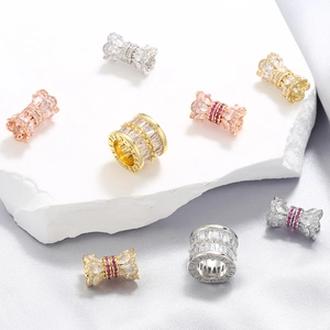 Brass Cubic Zirconia Bowtie Cylinder Spacer Beads For DIY Jewelry Making Bracelet Necklace Gold Plated Engraved Beloved