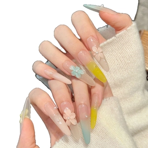 Sweet macaron gradient press-on nails with 3D white camellia flowers and pearl details
