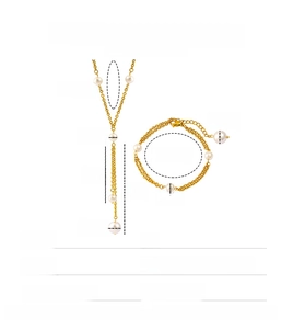 Size chart for golden stainless steel pearl necklace and bracelet set with dimensions