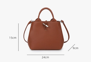 Detailed dimensions of brown lychee leather bucket bag with bamboo clasp: 24x15x9cm