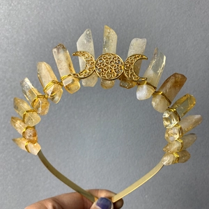 Natural Citrine Raw Crystal Crown Headband With Golden Moon Bee Star Ornament Handmade Bohemian Fairy Tiara For Party