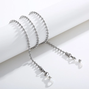 Polished silver titanium steel beaded sunglasses chain with non-slip silicone loops