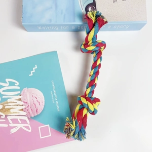 Three-color braided cotton dog rope toy with dual-knot design for pets