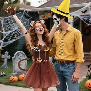 Couples Halloween costumes featuring brown tutu and yellow shirt with pumpkin decor
