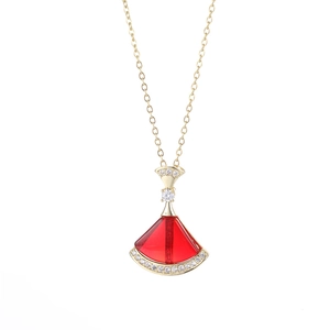 18K gold stainless steel necklace with red fan-shaped resin pendant and zircon crystals