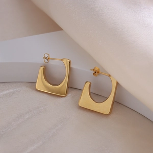 Minimalist Geometric Trapezoid Stud Earrings Stainless Steel Gold Plated Polished Modern Style Jewelry For Women