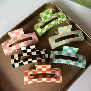 Set of six checkered acetate hair claws in various vibrant colors for elegant styling