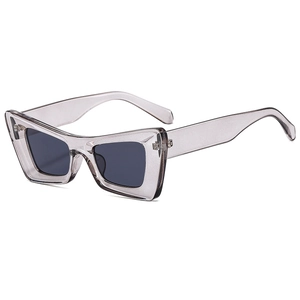 Modern cat eye sunglasses with transparent gray frames and dark lenses in 45-degree view