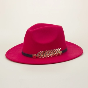 Elegant red wool fedora hat featuring a stylish golden leaf metal ornament detail.
