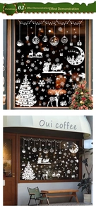 Detailed white Christmas window stickers featuring Santa, reindeer and snowflakes on a cafe door
