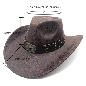 Brown faux snakeskin western cowboy hat with studded leather band and longhorn buckle