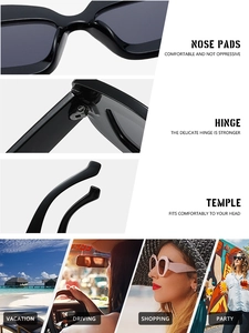 Detail view of black square cat-eye sunglasses with silver metal hinges and nose pads