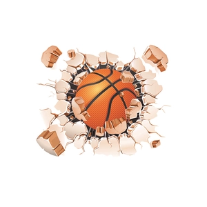 Detailed 3D dynamic basketball wall sticker design with realistic flying debris effect