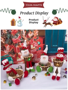 Close-up of handmade Christmas candy basket with Santa and snowman plush details