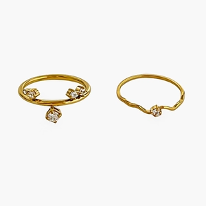 Minimalist 18K gold plated stainless steel zircon rings set for women on white background